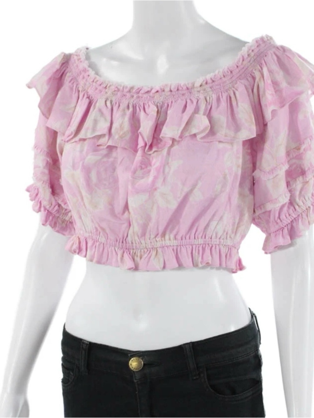 Loveshackfancy Pink Ruffled Off-Shoulder Crop Top M - Picture 2 of 6